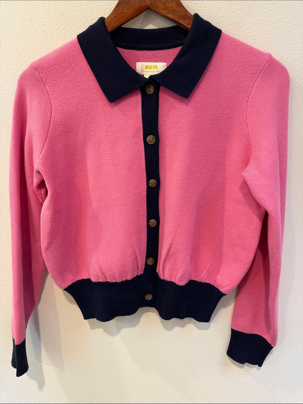 Maeve by Anthropologie Collared Pink Cardigan with Navy Trim